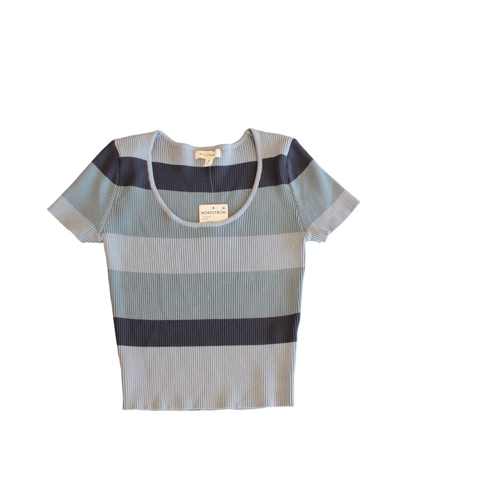 Blu Pepper Women Ribbed Knit Striped Scoop Neck Short Sleeve Top Blue Medium